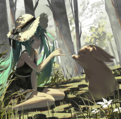 Rule 34 | 1girl, absurdres, animal, black bow, black dress, black ribbon, bow, breasts, brown hat, chinese commentary, commentary, dappled sunlight, day, dress, flower, grass, green eyes, green hair, hair between eyes, hat, hatsune miku, highres, long hair, looking at animal, loong (loong blo), on ground, open mouth, outdoors, pinky swear, rabbit, ribbon, sidelocks, sleeveless, sleeveless dress, small breasts, smile, solo, straw hat, sunlight, tree, twintails, vocaloid, white flower