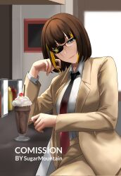 Rule 34 | 1girl, brown eyes, brown hair, brown suit, closed mouth, cup, formal, girls&#039; frontline, glass, highres, long sleeves, looking at viewer, m16a1 (girls&#039; frontline), multicolored hair, necktie, open clothes, scar, sitting, suit