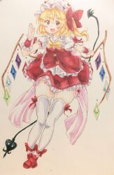 Rule 34 | 1girl, back bow, blonde hair, blush, bow, bowtie, breasts, collared shirt, crystal, flandre scarlet, frilled shirt collar, frilled skirt, frilled sleeves, frills, full body, hair between eyes, hair bow, happy, hat, highres, holding, holding polearm, holding weapon, huge bow, laevatein (touhou), leaning forward, looking at viewer, medium hair, meteor (yamashou), mob cap, multicolored wings, one side up, open mouth, pink bow, polearm, puffy short sleeves, puffy sleeves, red bow, red eyes, red footwear, red ribbon, red skirt, red vest, ribbon, ribbon-trimmed headwear, ribbon trim, shirt, short sleeves, simple background, skirt, skirt set, sleeve ribbon, small breasts, solo, thighhighs, thighs, touhou, vest, weapon, white background, white hat, white shirt, white thighhighs, wings, wrist cuffs, yellow bow, yellow bowtie, zettai ryouiki