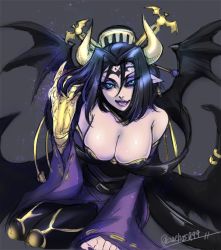 Rule 34 | 1girl, artist name, bandai, bare shoulders, bat (symbol), blue eyes, breasts, claws, demon, demon girl, digimon, female focus, horns, large breasts, lilithmon, looking at viewer, nail polish, seven great demon lords, smile, solo, demon girl, wings