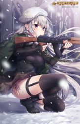 Rule 34 | 1girl, belt, black footwear, black shirt, black thighhighs, boots, breasts, brown skirt, commentary request, copyright request, finger on trigger, fur trim, gun, hat, highres, holding, holding gun, holding weapon, jacket, jacket on shoulders, komeshiro kasu, large breasts, long hair, long sleeves, looking at viewer, on one knee, outdoors, panties, purple eyes, shirt, side-tie panties, silver hair, skirt, sleeves past wrists, snow, snowing, solo, thighhighs, underwear, very long hair, watermark, weapon, white panties