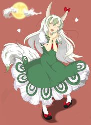 Rule 34 | 1girl, :d, ascot, cloud, dress, ex-keine, closed eyes, female focus, full moon, green hair, heart, horn ornament, horn ribbon, horns, kamishirasawa keine, long hair, moon, multicolored hair, open mouth, own hands clasped, own hands together, pantyhose, ribbon, smile, solo, tail, touhou, two-tone hair, ug (nekonekodou), white hair, white pantyhose