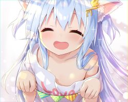 Rule 34 | :d, ^ ^, animal ear fluff, animal ears, bad id, bad twitter id, blue hair, blush, cat ears, child, chromatic aberration, closed eyes, facing viewer, flat chest, hair ornament, hair over shoulder, happy, key hair ornament, light blue hair, light particles, light rays, long hair, mint (yano mitsuki), open mouth, original, oversized clothes, paw pose, shirt, smile, solo, source request, white background, white shirt, yano mitsuki (nanairo)