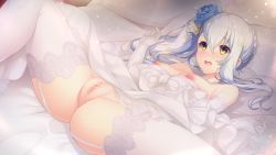 Rule 34 | 1girl, bed sheet, blue flower, blush, braid, breasts, censored, clothes lift, clothes pull, dress, dress lift, dress pull, elbow gloves, embarrassed, flower, game cg, garter straps, gloves, hair between eyes, hair flower, hair ornament, honda tamanosuke, kizuna kirameku koi iroha, lens flare, long hair, lying, mosaic censoring, nipples, on back, open mouth, pillow, pussy, side ponytail, small breasts, solo, spread legs, suzakuin tsubaki, very long hair, wavy mouth, wedding dress, white dress, white flower, white gloves, white hair, yellow eyes, yellow flower