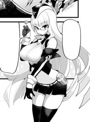 Rule 34 | 1girl, arm warmers, azur lane, azur lane: slow ahead, black gloves, breasts, crop top, food, gloves, gneisenau (azur lane), greyscale, hat, hori (hori no su), large breasts, long hair, looking at viewer, military hat, monochrome, peaked cap, popsicle, pouch, rectangular eyewear, shorts, solo, thighhighs