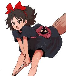 Rule 34 | 1girl, bag, black cat, black dress, blush, bow, bow hairband, broom, broom riding, brown eyes, brown hair, cat, commentary, ddari, dress, english commentary, feet out of frame, hair bow, hairband, highres, holding, jiji (majo no takkyuubin), kiki (majo no takkyuubin), majo no takkyuubin, medium hair, open mouth, red bow, red hairband, redrawn, short sleeves, shoulder bag, simple background, solo, white background