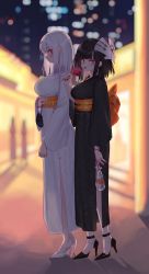 Rule 34 | 2girls, absurdres, bag, black footwear, black hair, black kimono, black nails, blunt bangs, blurry, blurry background, breasts, brown eyes, candy apple, eonsang, fish, food, girls&#039; frontline, hair ornament, high heels, highres, japanese clothes, jewelry, kimono, large breasts, long hair, long sleeves, looking at viewer, mask, mask on head, multiple girls, nail polish, nyto (girls&#039; frontline), adeline (girls&#039; frontline), alina (girls&#039; frontline), obi, paradeus, ring, sash, shoes, silver hair, standing, summer festival, tongue, tongue out, wedding band, white footwear, white kimono, white nails, wide sleeves, yukata