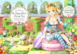 Rule 34 | 1girl, alice (alice in wonderland), alice (alice in wonderland) (cosplay), alice in wonderland, alternate costume, ayase eli, bad id, bad pixiv id, bare shoulders, blonde hair, blue eyes, breasts, cleavage, collarbone, commentary request, cosplay, detached sleeves, elbow gloves, full body, gloves, hair ornament, long hair, looking at viewer, love live!, love live! school idol project, medium breasts, open mouth, oversized object, ponytail, single thighhigh, sitting, solo, striped clothes, striped thighhighs, thighhighs, trianon