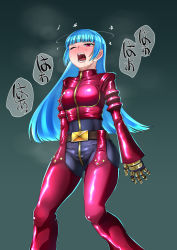 Rule 34 | 1girl, belt, blue hair, bodysuit, breasts, defeat, female focus, gloves, highres, injury, kula diamond, long hair, open mouth, pain, pants, purple eyes, ryona, saliva, shiny clothes, snk, solo, soramin, sweat, tears, the king of fighters, tight clothes, tight pants, turn pale, very long hair, zipper