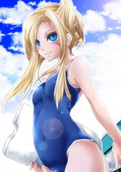 Rule 34 | 1girl, alternate hairstyle, blonde hair, blue eyes, blue one-piece swimsuit, bottle, breasts, cloud, colored eyelashes, competition school swimsuit, covered navel, day, drinking straw, esunoji, facial mark, flipped hair, forehead mark, from side, genderswap, genderswap (mtf), hair bun, hair ornament, hair up, holding, jewelry, kickboard, lens flare, light smile, long hair, looking to the side, misael, mizael, mizael (yu-gi-oh!), one-piece swimsuit, outdoors, outline, school swimsuit, short hair with long locks, sidelocks, single hair bun, sky, small breasts, smile, swept bangs, swimsuit, yu-gi-oh!, yu-gi-oh! zexal, yuu-gi-ou, yuu-gi-ou zexal
