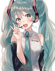 Rule 34 | 1girl, 39, :d, arm at side, artist name, bare shoulders, blue eyes, blue hair, blue nails, blush, breast pocket, breasts, detached sleeves, fingernails, hair between eyes, hanako151, hand up, happy, hatsune miku, headset, light particles, long hair, looking at viewer, nail polish, number pun, open mouth, pocket, pun, shirt, simple background, sleeveless, sleeveless shirt, small breasts, smile, solo, sparkle, teeth, twintails, upper body, upper teeth only, very long hair, vocaloid, w, white background, white shirt