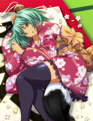 Rule 34 | 1girl, :d, alternate costume, aqua hair, black thighhighs, floral print, frilled kimono, frilled sleeves, frills, from above, green eyes, ikkitousen, indoors, japanese clothes, kimono, long hair, long sleeves, looking at viewer, lying, on side, open mouth, print kimono, red kimono, ryofu housen, shiny clothes, shiny legwear, shiny skin, short kimono, smile, solo, tatami, thighhighs, twintails, zettai ryouiki