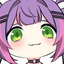 Rule 34 | 1girl, :3, absurdres, black choker, blush, buibui, choker, commentary, green eyes, highres, hololive, long hair, looking at viewer, multicolored hair, mutsuki face (blue archive), o-ring, o-ring choker, pink hair, portrait, purple hair, solo, streaked hair, symbol-only commentary, tokoyami towa, tokoyami towa (1st costume), twintails, virtual youtuber, white background