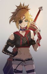 Rule 34 | 1girl, alternate costume, bare arms, bare shoulders, belt, black belt, black gloves, blonde hair, clarent (fate), collarbone, commentary request, eyepatch, fate/grand order, fate (series), fingerless gloves, gloves, greatsword, green eyes, grin, hair ornament, hair scrunchie, highres, long hair, looking at viewer, mordred (fate), mordred (fate/apocrypha), navel, open fly, parted bangs, red scrunchie, scrunchie, short shorts, shorts, simple background, single glove, smile, solo, sword, teeth, thighhighs, tonee, weapon, white shorts
