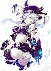 Rule 34 | !, !!, 1girl, abyssal ship, ass, blush, commentary, destroyer princess, hat, highres, horns, kantai collection, panties, shirt, side ponytail, skirt, solo, spoken exclamation mark, sumisu (mondo), sweat, tears, torn clothes, torn shirt, torn skirt, underwear, white hair, white panties