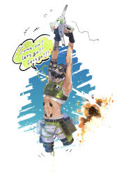 Rule 34 | 1boy, abs, absurdres, apex legends, arm tattoo, armpits, bandaged arm, bandages, black gloves, black headwear, covered mouth, cropped shirt, cropped vest, english text, explosion, fingerless gloves, flying, gloves, goggles, green vest, grey shirt, grey shorts, hack (apex legends), highres, holding, kawaniwa, looking up, male focus, mask, mouth mask, navel, non-humanoid robot, octane (apex legends), robot, shirt, shorts, sky, speech bubble, tattoo, vest