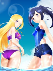 Rule 34 | 2girls, alternate costume, ass, back, beach, bikini, black hair, blonde hair, blue sky, blue one-piece swimsuit, breasts, brown eyes, cloud, cloudy sky, competition swimsuit, cowboy shot, day, from below, fuurin asumi, healin&#039; good precure, highres, long hair, looking at viewer, looking down, medium breasts, multiple girls, ocean, on kazu, one-piece swimsuit, outdoors, ponytail, precure, purple bikini, purple eyes, sawaizumi chiyu, shorts, sky, small breasts, smile, sunlight, swimsuit, swimsuit under clothes, two-tone swimsuit, water