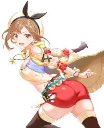 Rule 34 | :d, ass, atelier (series), atelier ryza, atelier ryza 1, bad id, bad pixiv id, beige shirt, belt, beret, boots, breasts, brown eyes, brown hair, cleavage, clothing cutout, collarbone, commentary request, gloves, hair ornament, hairclip, hat, highres, jewelry, leaning forward, looking at viewer, necklace, open mouth, red shorts, reisalin stout, shiosoda, shirt, short hair, short shorts, shorts, shoulder cutout, simple background, single glove, skindentation, smile, star (symbol), star necklace, teeth, thigh boots, thighhighs, thighs, upper teeth only, v-shaped eyebrows, vial, white background