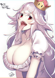 Rule 34 | 1girl, artist name, blush, breasts, cleavage, collarbone, commentary request, dress, frilled dress, frilled sleeves, frills, hair between eyes, highres, large breasts, long hair, long tongue, looking at viewer, luigi&#039;s mansion, mario (series), new super mario bros. u deluxe, nintendo, open mouth, princess king boo, puffy short sleeves, puffy sleeves, red eyes, sharp teeth, short sleeves, simple background, solo, super crown, teeth, tilted headwear, tongue, tongue out, upper body, very long hair, white background, white dress, white hair, yamacchi
