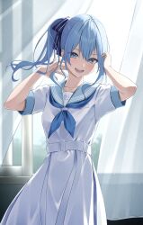 Rule 34 | 1girl, asymmetrical hair, belt, blue eyes, blue hair, blue neckerchief, blush, breasts, commentary, cowboy shot, curtains, dress, hair between eyes, hair ribbon, hand in own hair, highres, hololive, hoshimachi suisei, hoshimachi suisei (school uniform), indoors, light blue hair, looking at viewer, medium hair, neckerchief, nisi ki no, official alternate costume, open mouth, ribbon, sailor collar, sailor dress, short sleeves, side ponytail, small breasts, smile, solo, standing, star (symbol), star in eye, striped ribbon, sunlight, symbol in eye, virtual youtuber, white belt, white dress, window