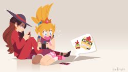 Rule 34 | 2girls, anger vein, annoyed, blonde hair, bowser, bowser jr., brown hair, cellphone, controller, crown, game console, gameplay mechanics, handheld game console, hans tseng, hat, mario (series), multiple girls, nail polish, nintendo, nintendo switch, pauline (mario), phone, playing games, princess peach, sitting, smartphone, super mario odyssey, wariza, wire