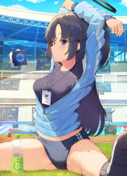 Rule 34 | 1girl, arms up, bare legs, blue archive, blue buruma, blue eyes, blue hair, blue jacket, blue shirt, blush, bottle, breasts, buruma, closed mouth, day, drone, grass, gym uniform, halo, highres, jacket, lanyard, long hair, long sleeves, looking at viewer, medium breasts, official alternate costume, partially unzipped, piisu, shirt, shoes, sitting, solo, spread legs, star (symbol), stretching, very long hair, water bottle, yuuka (blue archive), yuuka (track) (blue archive)