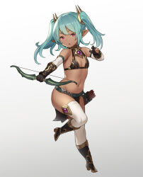 Rule 34 | 1girl, arrow (projectile), bare shoulders, bikini, bikini top only, black bikini, black footwear, black gloves, boots, bow (weapon), breasts, cleavage, dark-skinned female, dark skin, detached sleeves, elf, female focus, full body, gloves, green hair, hair ornament, holding, holding bow (weapon), holding weapon, houtengeki, loincloth, long hair, navel, open clothes, open mouth, open shirt, original, pointy ears, quiver, red eyes, small breasts, solo, solo focus, stomach, swimsuit, thighhighs, weapon, white thighhighs, aged down