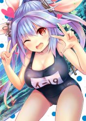 Rule 34 | 10s, 1girl, ;d, absurdres, bare arms, bare shoulders, black one-piece swimsuit, blush, breasts, character name, cleavage, eyebrows, fang, flower-shaped pupils, gradient hair, hair intakes, hair ribbon, hand gesture, head tilt, headgear, heart, highres, i-19 (kancolle), kantai collection, large breasts, leaning forward, light purple hair, long hair, looking at viewer, multicolored hair, name tag, one-piece swimsuit, one eye closed, open mouth, pink hair, pink ribbon, red eyes, ribbon, school swimsuit, smile, solo, swimsuit, symbol-shaped pupils, tareme, thighs, tooth, twintails, u rin, v, w, water