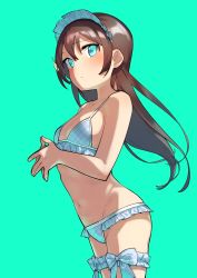 Rule 34 | 1girl, absurdres, aqua background, aqua eyes, arched back, bare arms, bare shoulders, bikini, blue bikini, blue bow, blush, bow, breasts, bridal garter, bright pupils, brown hair, closed mouth, collarbone, commentary, cowboy shot, fingers together, frilled bikini, frills, from side, goe (g-o-e), groin, hair between eyes, hair ornament, halterneck, hands up, highres, kagura hikari, long hair, looking at viewer, looking to the side, lowleg, lowleg bikini, maid headdress, navel, own hands together, plaid, plaid bikini, plaid bow, shoujo kageki revue starlight, sideways glance, simple background, small breasts, solo, sparkle hair ornament, standing, stomach, swimsuit, thigh bow