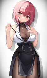 Rule 34 | 1girl, black skirt, blush, bodystocking, bra, breasts, buttons, cleavage, collared shirt, commentary request, cowboy shot, double-breasted, hair between eyes, head tilt, heart, heart necklace, heterochromia, high-waist skirt, highres, hololive, houshou marine, houshou marine (businesswoman), jewelry, lace, lace-trimmed bra, lace trim, large breasts, legs together, looking at viewer, medium hair, necklace, official alternate costume, official alternate hair length, official alternate hairstyle, parted lips, partially unbuttoned, red eyes, red hair, see-through, see-through cleavage, shadow, shirt, short hair, side slit, skirt, sleeveless, sleeveless shirt, solo, standing, strap pull, teeth, thomas 8000, underwear, virtual youtuber, white background, white shirt, yellow eyes