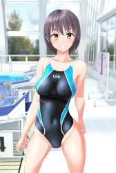 Rule 34 | 1girl, absurdres, black one-piece swimsuit, breasts, brown eyes, clock, clothes writing, commentary request, competition swimsuit, contrapposto, covered navel, cowboy shot, grey hair, grin, groin, highres, indoors, large breasts, looking at viewer, multicolored clothes, multicolored swimsuit, one-piece swimsuit, original, pool, poolside, short hair, smile, solo, starting block, striped clothes, striped one-piece swimsuit, swimsuit, takafumi