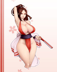 Rule 34 | 1girl, arm behind head, armpits, bare shoulders, breasts, brown eyes, brown hair, cleavage, folded fan, collarbone, cowboy shot, curvy, fatal fury, folding fan, hand fan, high ponytail, highres, hip focus, holding, holding fan, japanese clothes, large breasts, matching hair/eyes, materclaws, ninja, obi, pelvic curtain, ponytail, revealing clothes, rope, sash, shiranui mai, sideboob, snk, solo, the king of fighters, thick thighs, thighs, wide hips