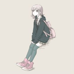 Rule 34 | 1girl, animal bag, animal ears, backpack, bag, black thighhighs, brown background, cat bag, closed mouth, collared shirt, commentary request, danganronpa (series), danganronpa 2: goodbye despair, fake animal ears, flipped hair, from side, full body, hair ornament, hairclip, highres, hood, hood down, hooded jacket, huiyuan, jacket, leaning back, long sleeves, looking at viewer, medium hair, miniskirt, nanami chiaki, neck ribbon, pink eyes, pink footwear, pink hair, pink ribbon, pleated skirt, ribbon, shirt, shoes, simple background, skirt, sleeves past wrists, sneakers, solo, standing, thighhighs, v arms, zettai ryouiki