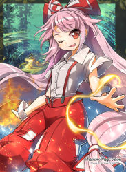 Rule 34 | 1girl, bamboo, bamboo forest, bell, fire, forest, fujiwara no mokou, gloves, hair bell, hair ornament, hair ribbon, long hair, looking at viewer, nature, one eye closed, open mouth, pants, red gloves, ribbon, shirt, silver hair, smile, solo, suspenders, torn clothes, torn sleeves, touhou, tress ribbon, umigarasu (kitsune1963), very long hair, wrist cuffs