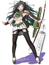 Rule 34 | 10s, 1girl, armor, armpits, arrow (projectile), asymmetric gloves, black hair, black thighhighs, blue eyes, bow (weapon), crossbow, elbow gloves, fingerless gloves, full body, gloves, hair ribbon, kantai collection, katsuragi (kancolle), long hair, looking at viewer, machinery, midriff, open mouth, outstretched arms, pleated skirt, ponytail, remodel (kantai collection), ribbon, single glove, skirt, solo, tatsumi ray, thighhighs, turret, weapon, zettai ryouiki