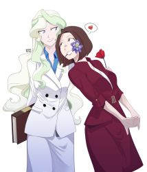 Rule 34 | 2girls, a weird latina, alternate costume, alternate hairstyle, artist name, blonde hair, blue eyes, book, brown hair, couple, diana cavendish, female focus, flower, flower in mouth, heart, highres, holding, holding book, interlocked fingers, jacket, kagari atsuko, leaning back, lips, little witch academia, long hair, looking at another, multicolored hair, multiple girls, aged up, red eyes, red jacket, red skirt, rose, short hair, signature, skirt, smile, speech bubble, spoken heart, two-tone hair, wavy hair, white jacket, wife and wife, yuri