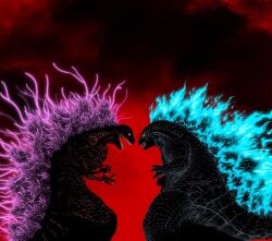 Rule 34 | black background, black eyes, blue fire, colored sclera, commentary, dan dagouglas, energy, english commentary, fangs, fire, glowing, godzilla, godzilla (2014), godzilla (series), godzilla (shin), highres, kaijuu, legendary pictures, looking at another, looking at viewer, monsterverse, open mouth, red background, shin godzilla, simple background, spines, standing, toho, upper body, yellow eyes, yellow sclera