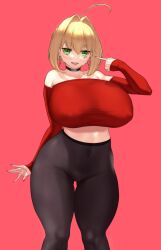 Rule 34 | 1girl, ahoge, aster crowley, bare shoulders, black pants, blonde hair, blush, breasts, choker, collarbone, earrings, fate/extra, fate (series), green eyes, hair intakes, highres, hoop earrings, huge breasts, jewelry, long hair, long sleeves, looking at viewer, midriff, navel, nero claudius (fate), nero claudius (fate) (all), nero claudius (fate/extra), off-shoulder shirt, off shoulder, open mouth, pants, pointing, pointing at self, red shirt, shirt, smile, solo, thick thighs, thighs, tight clothes, tight pants, wide hips