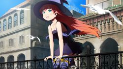 Rule 34 | 1girl, bird, blue eyes, boots, breasts, cleavage, dress, female focus, hasukawa isaburou, hat, leaning forward, long hair, open mouth, original, outdoors, railing, red hair, small breasts, solo, thigh boots, thighhighs, witch, witch hat
