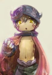 Rule 34 | 10s, 1boy, brown hair, cape, collar, fake horns, helmet, highres, horned headwear, horns, made in abyss, male focus, mechanical arms, navel, nipples, open mouth, regu (made in abyss), topless male, solo, yellow eyes