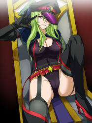 Rule 34 | 10s, 1girl, boots, breasts, cameltoe, elbow gloves, fura, garter belt, gloves, green hair, hat, hat over one eye, high heels, highres, large breasts, legs, long hair, one eye covered, peaked cap, shoes, solo, star driver, thigh boots, thighhighs, thighs, v over eye, watanabe kanako