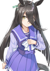 Rule 34 | 1girl, animal ears, black hair, bow, brown eyes, closed mouth, commentary request, eyes visible through hair, hair over one eye, horse ears, horse girl, horse tail, long hair, long sleeves, looking at viewer, manhattan cafe (umamusume), miri (ago550421), pleated skirt, puffy long sleeves, puffy sleeves, purple shirt, purple skirt, school uniform, shirt, simple background, skirt, smile, solo, tail, tracen school uniform, umamusume, very long hair, white background, white bow