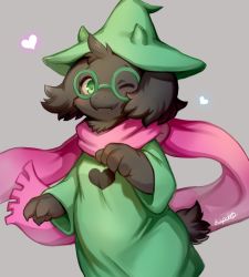 Rule 34 | 1boy, animal ears, black fur, body fur, commentary, cowboy shot, deltarune, dress, fangs, furry, furry male, glasses, goat boy, goat ears, goat horns, goat tail, green dress, green eyes, green hat, green robe, grey background, hat, heart, highres, horns, male focus, one eye closed, pink scarf, ponpo ko5, ralsei, robe, round eyewear, scarf, signature, simple background, solo, standing, witch hat
