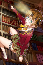 Rule 34 | 1girl, book, brown hair, checkered clothes, checkered skirt, flying sweatdrops, from below, glasses, green eyes, green skirt, jacket, kei (seona2020), lamp, leg belt, library, light particles, long hair, looking at viewer, looking down, parted lips, red footwear, red jacket, ribbon, rope, shirt, shoes, short hair, skirt, socks, solo, sword girls, white shirt, white socks, yellow ribbon