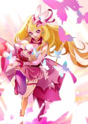 Rule 34 | 1girl, absurdres, bare shoulders, blonde hair, boots, bug, butterfly, clenched teeth, collarbone, cowboy shot, cure butterfly, earrings, gradient background, highres, hirogaru sky! precure, insect, jewelry, lips, long hair, looking at viewer, magical girl, nail polish, one eye closed, pink background, pink eyes, precure, purple nails, shipu (gassyumaron), single thighhigh, smile, solo, teeth, thighhighs