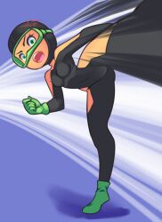Rule 34 | 1girl, anger vein, angry, black bodysuit, blue background, bodysuit, boots, breasts, diving mask, diving suit, drantyno, gloves, goggles, green eyes, green footwear, green gloves, highres, kicking, looking at viewer, open mouth, small breasts, standing, standing on one leg, teeth, wetsuit