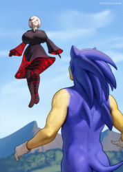 Rule 34 | 1boy, 1girl, alternate breast size, ass, black dress, blue skin, bodypaint, breasts, colored skin, commentary, day, dress, english commentary, floating, gloves, hair over one eye, highres, huge breasts, humanization, long hair, looking at another, multicolored hair, one eye covered, outdoors, red eyes, red hair, sage (sonic), short hair, sonic (series), sonic frontiers, sonic the hedgehog, spiked hair, standing, streaked hair, totesfleisch8, white gloves, white hair
