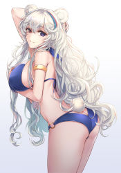 Rule 34 | 1girl, animal ears, arknights, arm behind head, arm up, armlet, ass, ass cutout, bare shoulders, bear ears, bikini, blue bikini, blue nails, breasts, clothing cutout, cowboy shot, halterneck, heterochromia, highres, large breasts, leaning forward, long hair, looking at viewer, looking back, multicolored hair, nail polish, o-ring, o-ring bikini, purple eyes, rabbit tail, red eyes, rosa (arknights), simple background, solo, standing, streaked hair, string bikini, swimsuit, tail, tail through clothes, thighs, very long hair, white background, white hair, yuemanhuaikong