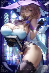Rule 34 | 1girl, blue flower, blue rose, book, breasts, capelet, dress, floating, floating book, floating object, flower, genshin impact, gloves, green eyes, hat, hat flower, large breasts, lisa (genshin impact), long hair, looking at viewer, medium hair, multicolored clothes, multicolored dress, purple capelet, purple flower, rose, sakimichan, smile, solo, thighhighs, thighs, witch, witch hat