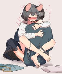 Rule 34 | 1boy, 1girl, absurdres, animal ears, arm around back, arm around neck, barefoot, belt, blush, brown belt, closed eyes, closed mouth, clothed sex, collared shirt, commentary request, full body, grey background, grey hair, grey pants, grey shirt, heart, hetero, highres, kashiwa kona, medium bangs, mouse ears, mouse girl, mouse tail, nazrin, nose blush, panties, panties around leg, pants, pillow, red eyes, sex, shirt, short hair, simple background, straddling, tail, tail wrap, touhou, underwear, upright straddle, white shirt